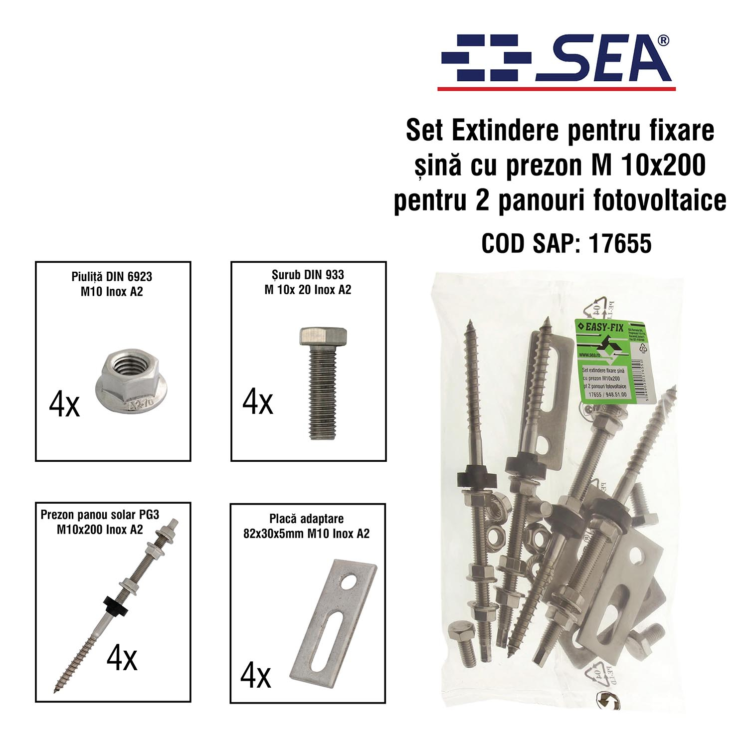 Set Extindere fixare sina cu prezon M10x200 pentru 2 panouri