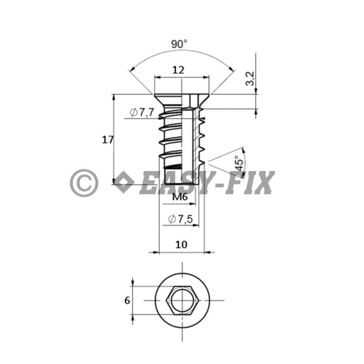 Bucşă oţel dublu filet M 6xØ 10xL 17mm ZA - SW6 (100 buc)