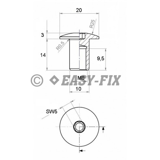 Piuliţă înfundată rotundă, oţel Ø20mm - M8x14 SW5 Zincat galben (100 buc)