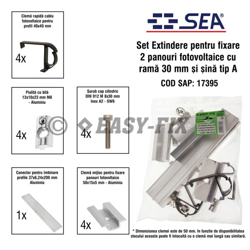 Set Extindere pentru fixare 2 panouri fotovoltaice cu rama 30mm si sina/ profil tip A