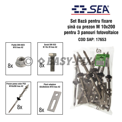 Set Baza fixare sina cu prezon M10x200 pentru 3 panouri fotovoltaice