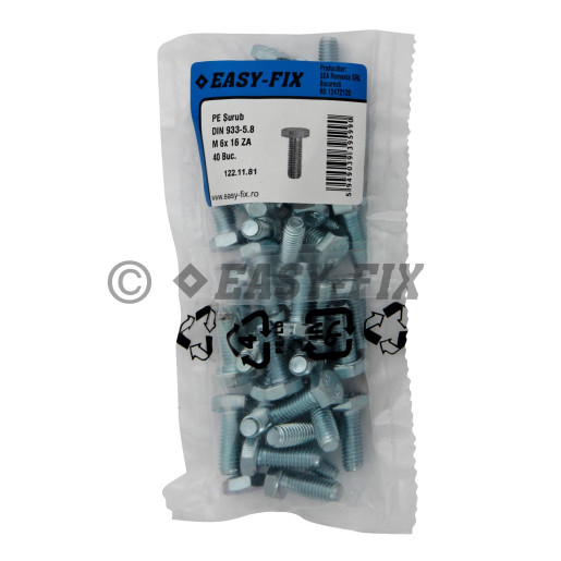 Şurub cap hexagonal DIN 933- 5.8 M 6x 16 ZA