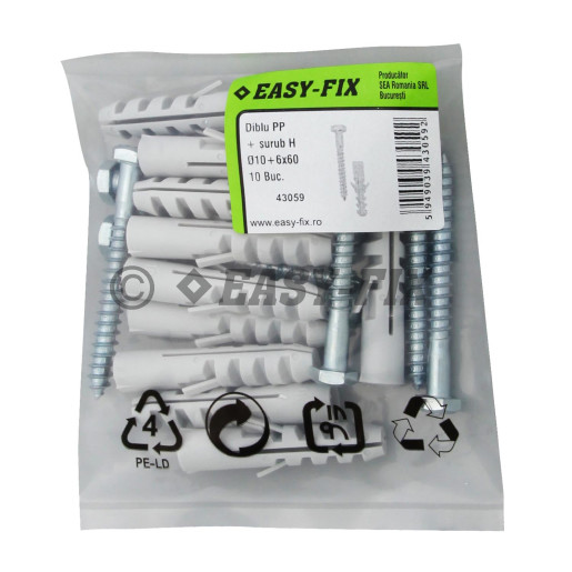 Set Diblu PP Ø10 +Şurub Hexagonal  6x60mm