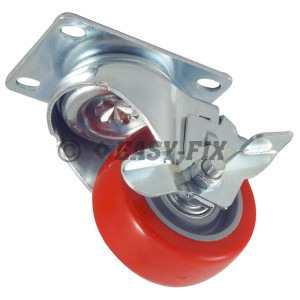 Roata cu frână+placă rulment Ø 75x32  H=100 - 100kg -PU Roşu